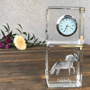 Falabella Engraved Crystal Clock, Crystal clock with horse, Standing Decoration with Horse, Custom Clock, Personalized Photo