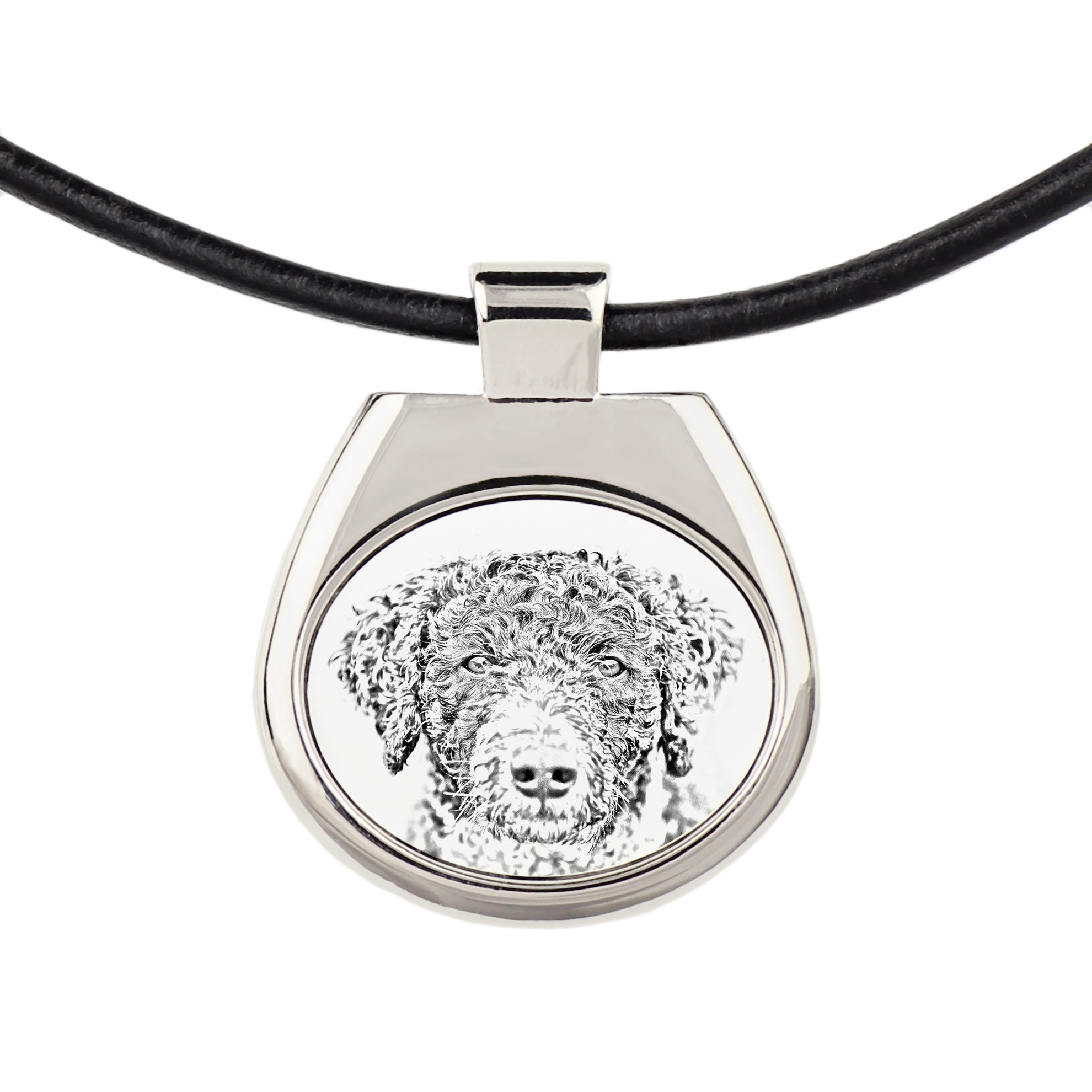 Perro de agua español Collar con perro estilo boceto, Colgante con gráfica, Collar con foto, Percha de metal, Cordón de cuero, Tanga