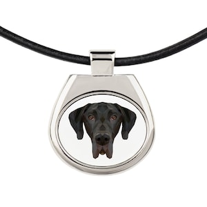 Necklace with a geometric dog, Great Dane, Pendant with graphics, Metal Hanger, Leather Cord, Thong