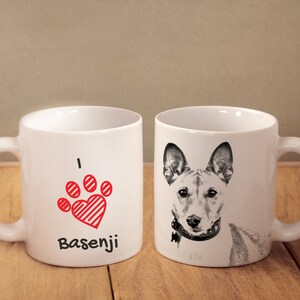 I love Basenji, a ceramic mug for dog lovers. White cup with a print. High quality. Durable print