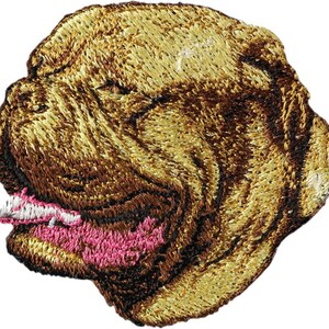 May include: Embroidered patch of a brown bulldog's head with a pink tongue sticking out.