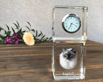 Ragdoll Engraved Crystal Clock, Crystal clock with cat, Standing Decoration with Cat, Custom Clock, Personalized Photo