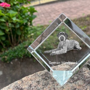 May include: A crystal paperweight with a 3D image of a German Wirehaired Pointer dog. The text "German Wirehaired Pointer" is engraved on the base.