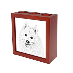 Japanese Spitz Pen holder with dog, wooden pencil stand with photo, brush holder, custom stationery, desk organizer