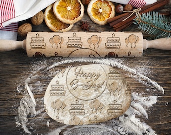 Happy Birthday, Cake, Balloons Rolling Pin for Cookies, Engraved Rolling-pin, Embossing Rolling Pin, Roller with Your Patter