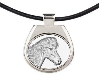 Icelandic Horse Necklace with a sketch style horse, Pendant with graphics, Necklace with photo, Metal Hanger, Leather Cord, Thong