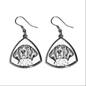 May include: A pair of silver triangle-shaped earrings with a black and white image of a German Shorthaired Pointer dog on each earring.