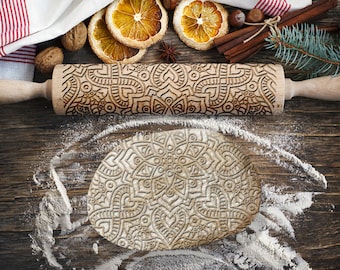 Mandala, Mosaic, Tiles, Flowers Rolling Pin for Cookies, Engraved Rolling-pin, Embossing Rolling Pin, Roller with Your Patter