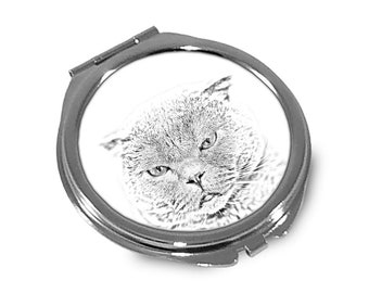 Scottish Fold Pocket mirror, sketch style graphic of a cat. Two mirrors inside. Compact mirror, Handheld mirror, Hand mirror, Animals