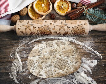 Cadeaux, Cadeaux, Rouleau à pâtisserie de Noël pour biscuits, Rouleau à pâtisserie gravé, Rouleau à pâtisserie pour gaufrage, Rouleau avec motif