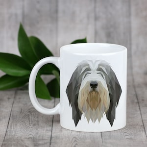 Bearded Collie Enjoying a cup with my pup, a ceramic mug for dog lovers. Geometric dog. White cup with a print. High quality. Durable print