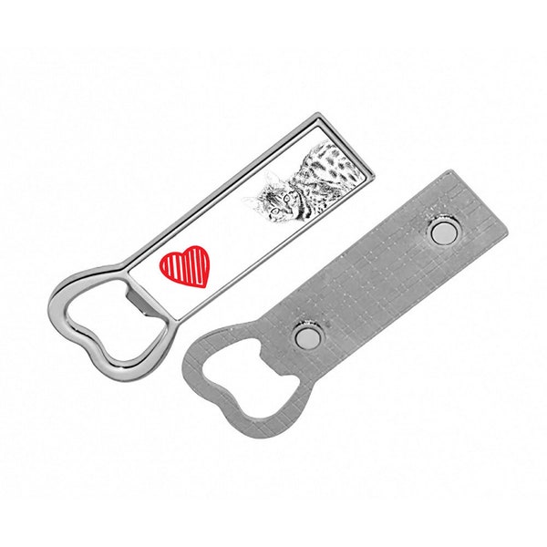 A bottle opener with a cat, Bengal. A solid opener. Metal opener with magnets. Magnet for a fridge. High quality print