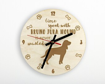 Bruno Jura Hound A clock with a dog, wooden clock, wall clock for dog lovers, desk and shelf clock. Custom, high quality engraving