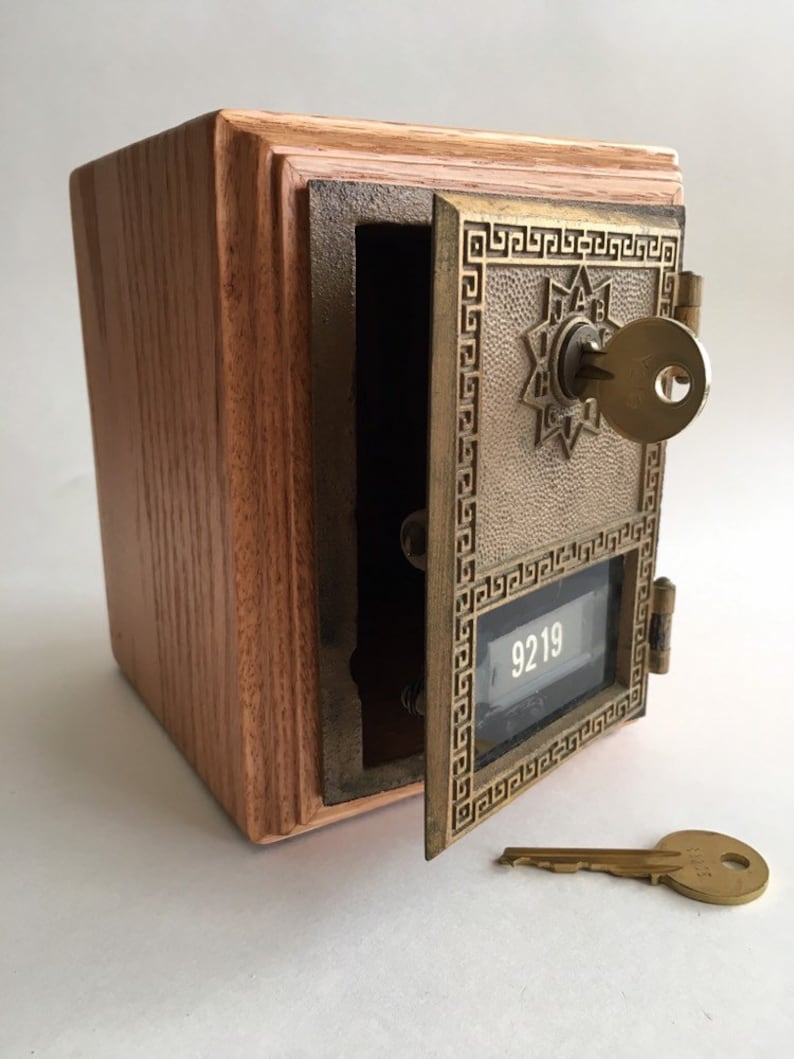 Oak Vintage Brass Post Office Box Door With Key Lock on Handcrafted