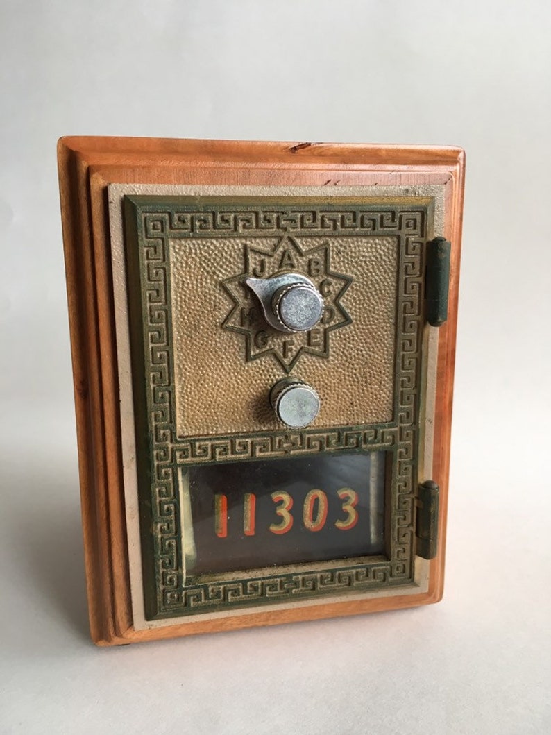 Cherry Vintage Brass Post Office Box Door With Combination Lock on