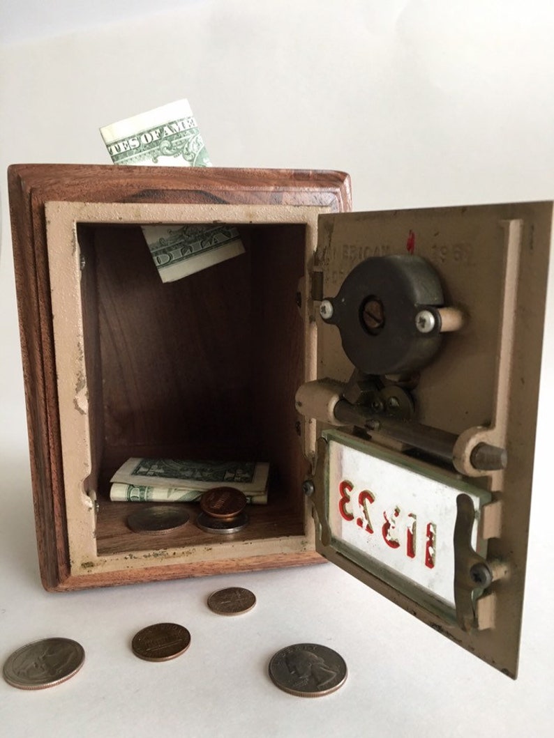 Walnut Vintage Brass Post Office Box Door With Combination Lock on