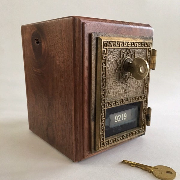 Walnut - Vintage Brass Post Office Box Door with Key Lock on Handcrafted Bank