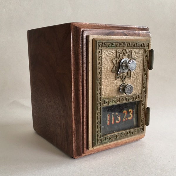 Walnut - Vintage Brass Post Office Box Door with Combination Lock on Handcrafted Bank