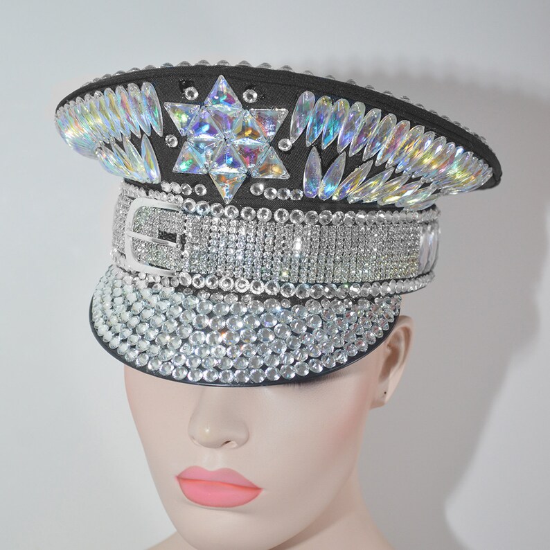 Holographic Burning Man Shiny Rhinestone Disco Captains Hat Etsy