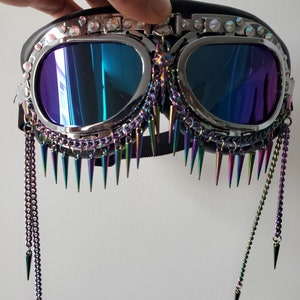 Rave Streampunk Goggles,Burning Man Holographic Festival Goggles,Chain Skull Bird Head Spike Costume Goggles,Cyber Goth Masquerade Goggles