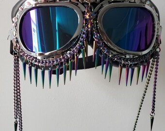 Rave Streampunk Goggles,Burning Man Holographic Festival Goggles,Chain Skull Bird Head Spike Costume Goggles,Cyber Goth Masquerade Goggles