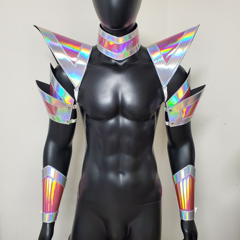 Burning Man Holographic Rave Armor,Rave Shoulder Harness,Choker Cape,Shoulder Pads,Rave Outfit Carnival EDC Outfit Halloween Costume 