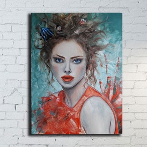 Dark face black white art Angel girl portrait Minimalism Surrealism Abstract contemporary art Oil painting Wall decor Original art KitiKat