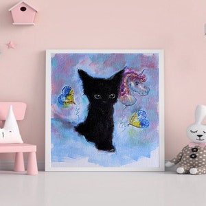 Zwart klein katje Kitty Grappige kat Klein origineel olieverfschilderij op canvas Huisdierportret Donker schilderij Kwekerij muur home decor kunst door Kiti Kat