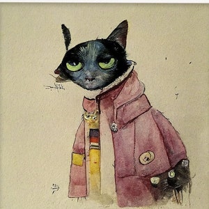 Cute cat wearing a neck coat Digital print little funny watercolor painting Digital art drawing illustration download Ukraine shops art