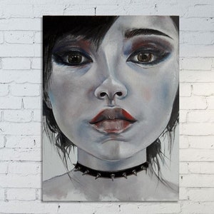 Dark face black white art Angel girl portrait Minimalism Surrealism Abstract contemporary art Oil painting Wall decor Original art KitiKat