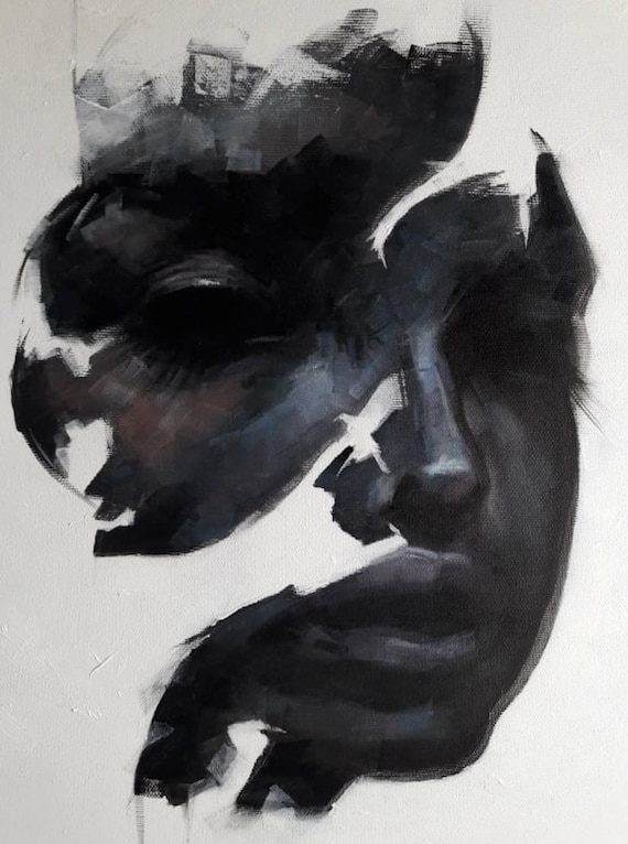Dark face black white art Angel girl portrait Minimalism Surrealism Abstract contemporary art Oil painting Wall decor Original art KitiKat