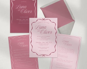 ピンクの結婚式招待状テンプレート（Canva）｜リボン付きのエレガントなステーショナリーセット｜日付保存、出欠確認、詳細カード – 即時ダウンロード