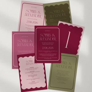 Puede incluir: Conjunto de papelería de boda en tonos rosa, burdeos y verde oliva. Las tarjetas presentan los nombres "Sophia & Alexander" y la fecha "22.06.2026". Varios diseños de tarjetas, incluyendo save-the-date y menú.