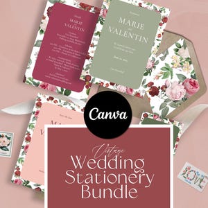 Könnte beinhalten: Vintage-Hochzeitspapeterie-Set mit floralen Designs in Rosa-, Rot- und Grüntönen. Das Set beinhaltet eine Einladung, eine RSVP-Karte und einen Umschlag. Der Text auf der Einladung lautet "Marie und Valentin".