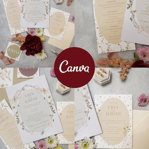 Digitale Hochzeitspapeterie „Wiesenglück“ – Canva Vorlage mit Einladung, Save the Date, Menükarte, Namenskärtchen & Inlay zum Selberdrucken