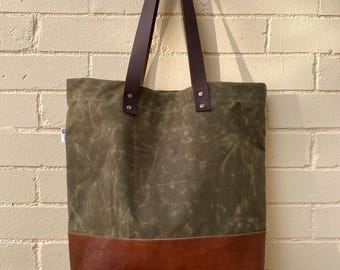 Waxed Canvas Tote Bag w/Leather Bottom