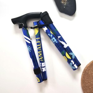 May include: A folding walking stick with a black handle and blue shafts. The shafts feature white, yellow, and blue floral and abstract patterns. The word "AMALFI" is printed on one of the shafts.