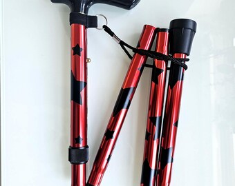 Funky Star Walking Stick: Red & Black, Adjustable Folding Cane