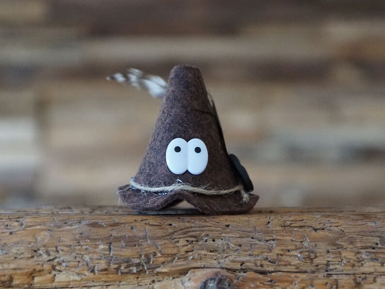 Puede incluir: Un sombrero de fieltro marr&oacute;n en forma de cono con ojos blancos y una pluma que sobresale de la parte superior. El sombrero est&aacute; sobre una superficie de madera.