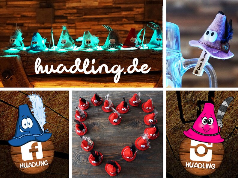 Puede incluir: Una colecci&oacute;n de sombreros de gnomo de fieltro con sombreros y caras de diferentes colores. Los sombreros est&aacute;n dispuestos en forma de coraz&oacute;n sobre una superficie de madera. Los sombreros est&aacute;n decorados con una variedad de adornos, incluyendo plumas, cuentas y botones. Los sombreros est&aacute;n disponibles para su compra en el sitio web huadling.de.