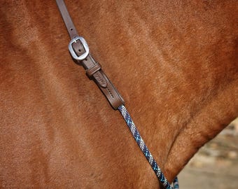 May include: A brown leather strap with a silver metal buckle and a blue, black, and white braided rope lead. The leather component features a small embossed logo. The equipment is positioned against the brown coat of a horse.