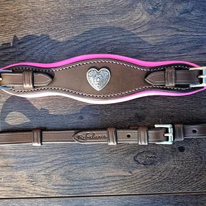 May include: Two-piece equestrian bridle set. The browband is brown leather with a pink and white accent, a silver heart-shaped emblem, and silver buckles. The second piece is a matching brown leather strap with the word "Rebalance".
