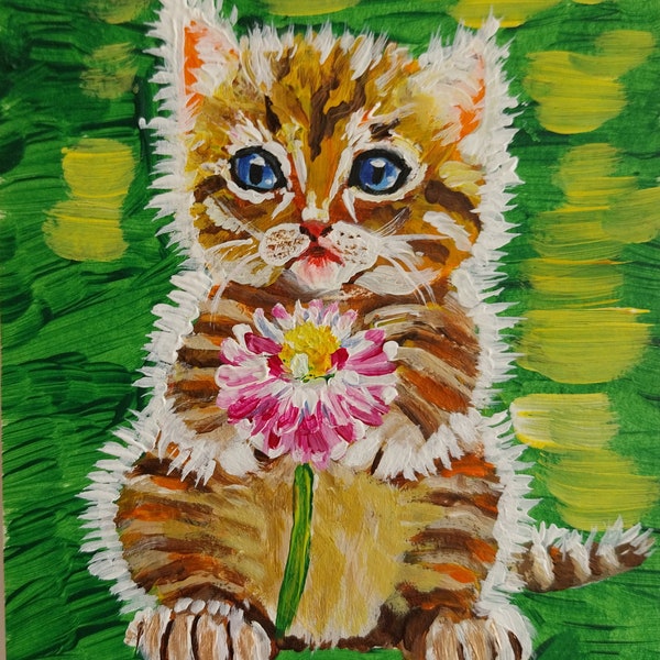 Cute kitten with flower in its paws/ Acrylic painting miniature  4x6inch(10x15cm)/ Cat art acrylic/ impasto technique/ hand painted.