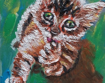 Kleines Kätzchen, Ölbild Miniatur Impasto Technik, handgemalt pastös, 4x6inch, 10x15cm, Original Katzen Art, Geschenk für Katzenliebhaber