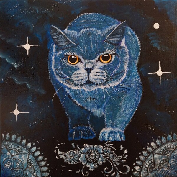 Mystic cat 2. Britisch Kurz Haar Katze in blau. Für Katzenliebhaber. Haustier Porträt. Acryl und Strukturpaste auf gespannten Leinwand.