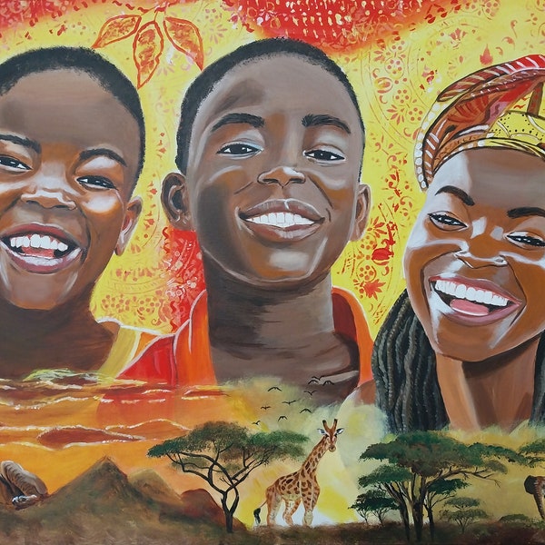 Afrique - enfants qui rient. Portraits d'animaux et d'enfants africains. Les gens racontent des histoires. Acrylique sur toile 50cm x 70cm.