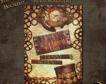 Personalized Steampunk Wedding Card, Rusty Gears, Top Hat, Steampunk Wedding, A6 Folding Card, Free Shipping