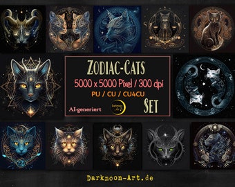 Zodiac with Cats Set Astrology Digital Zodiac Set Zodiac with Cats Direct Download Commercial Use