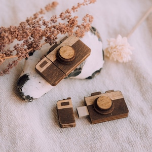 USB en bois en forme d'appareil photo 16 Go 256 Go 3.0, USB personnalisé, USB de mariage image 1