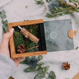 Glas USB Box, personalisiertes Geschenk, 3.0 Stick aus Holz, Hochzeitsgeschenk, Memory halter